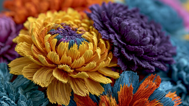 A macro photograph focusing tightly on the central cluster of brightly colored, textured flowers in shades of yellow, purple, and orange.