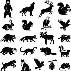Obraz premium Collection of forest animal silhouettes featuring bear deer rabbit and eagle for nature designs