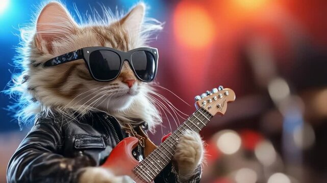 Cool cat rocks out with guitar in stylish sunglasses and leather jacket