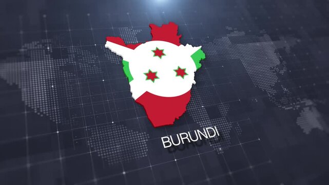 Burundi map with national flag on digital world map background, geographic border, global political and international news concept