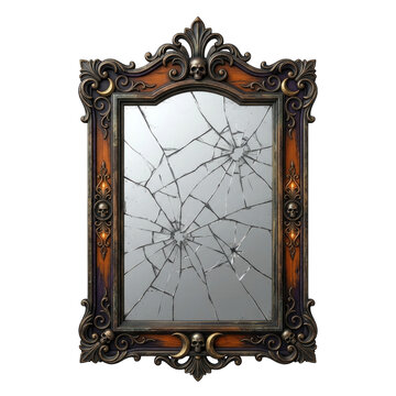 Happy halloween transparent background png image featuring a creepy ornate gothic mirror with a cracked glass surface and skull decorations for spooky holiday design projects