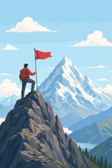 Obraz premium A mountaineer holding a red flag on a rocky peak stands triumphantly while looking at a majestic snow-covered mountain summit under a clear blue sky