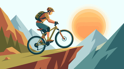 Obraz premium Mountain biker riding a bicycle on cliff edge during a beautiful sunset with majestic mountains in the distance, showcasing outdoor adventure and extreme sports illustration