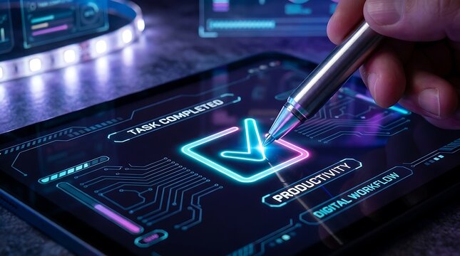 Person using a digital pen to check a task completed box on a glowing tablet screen for business productivity