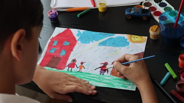 Child's drawing expressing feelings about parental separation. Family conflict, emotional wellbeing and children's mental health concept