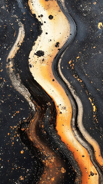 Liquid paint swirls in a marbleized pattern of black and golden hues, creating an artistic fluid composition.