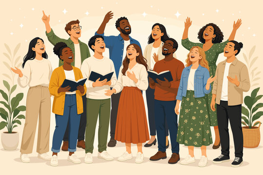 Diverse group of happy young people singing together in a choir with songbooks, raising hands and celebrating music in a flat vector illustration style