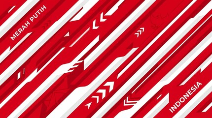 Fototapeta premium A vibrant abstract background featuring diagonal red and white stripes, reminiscent of the Indonesian flag, with modern graphic elements and text.