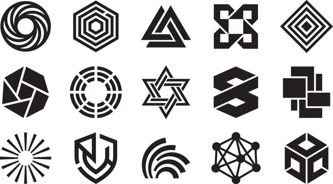 Abstract geometric corporate logo templates and minimal tech branding emblem silhouette vector icons set isolated on white.