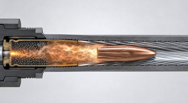 Cutaway bullet traveling through rifled barrel with expanding gas