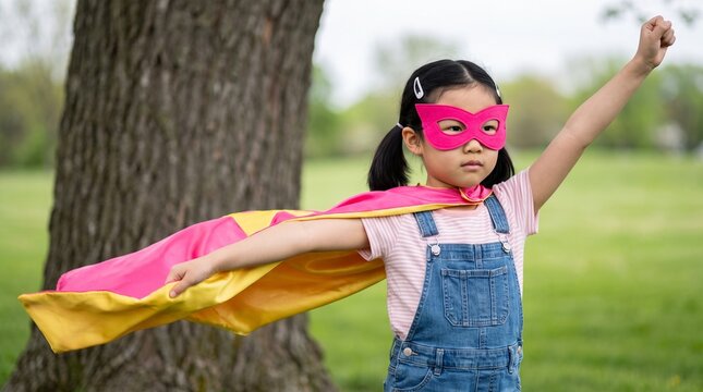 Little girl playing superhero in a park. Child wearing a cape and mask pretending to fly.