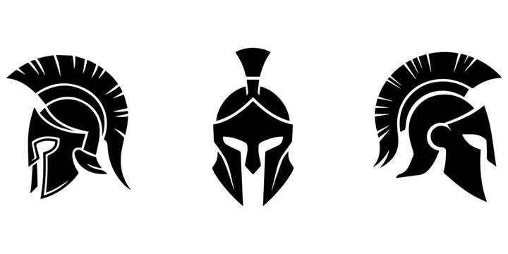 Spartan helmet icon in flat, line style set isolated on White background, Detailed battle worn spartan helmet front view high resolution photo, Spartan helmet icon. Spartan Greek gladiator.pro