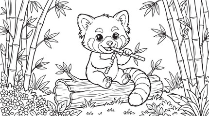 Cute red panda sitting on a log and eating bamboo in a forest coloring page for kids © OMESA