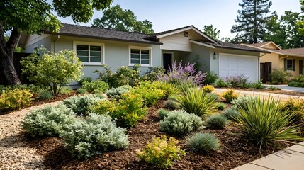 Fototapeta premium A modern single story house with a landscaped front yard featuring drought resistant plants and mulch under bright sunlight