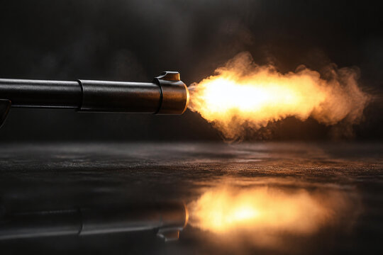 Muzzle flash from barrel with fiery reflection