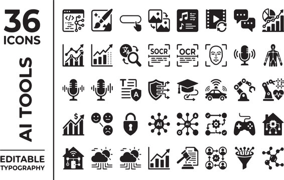 Artificial intelligence tools glyph icons set for machine learning UI