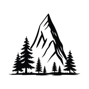 Black and white mountain peak illustration with pine forest silhouette