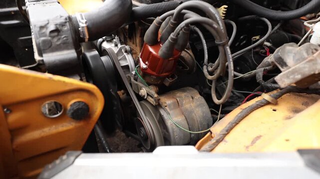 Close-up of a classic car engine running with the distributor, ignition wires, and drive belts in motion. The detailed view highlights vintage automotive engineering, mechanical operation, restoration