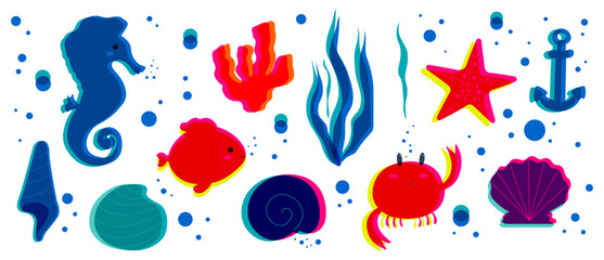 Underwater risograph sea animals set. Fluorescent and halftone bright colors of seahorse and crab. Silhouettes of ocean creatures. Elements for design. © Marina Smith