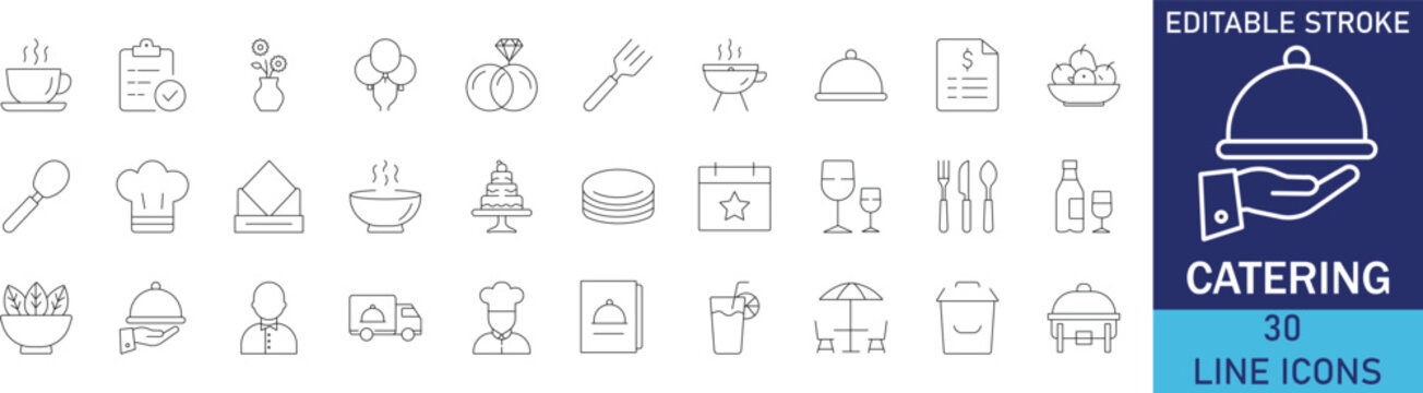 Catering service and banquet food event management line icon set. Vector symbols for buffet dinner, cloche serving tray, catering truck delivery, waiter, chef hat, and party food setup.
