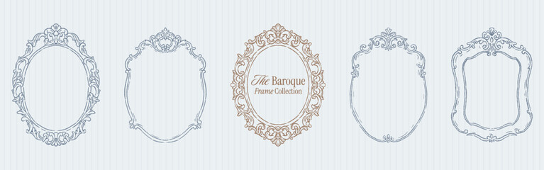 Fototapeta na wymiar Vintage victorian oval frame set for wedding invitations. Crayon drawn whimsical ornaments with outlines, swirls, squiggles. Baroque monogram frames with flourish lines. Classic retro wedding cards.