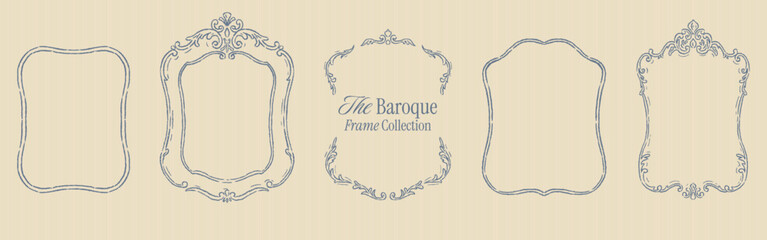 Obraz premium Retro wedding monogram frame set. Elegant Baroque, Rococo style frames with vintage floral borders. Hand drawn ornamental outlines, swirls. Vertical Victorian cards with flourish crayon texture lines.