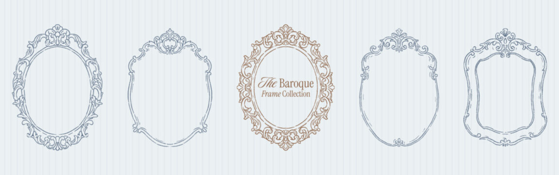 Vintage victorian oval frame set for wedding invitations. Crayon drawn whimsical ornaments with outlines, swirls, squiggles. Baroque monogram frames with flourish lines. Classic retro wedding cards.
