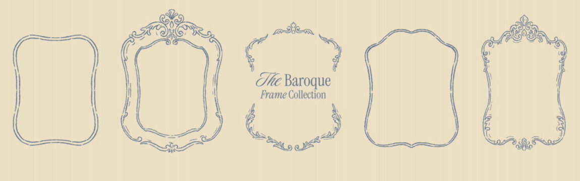 Retro wedding monogram frame set. Elegant Baroque, Rococo style frames with vintage floral borders. Hand drawn ornamental outlines, swirls. Vertical Victorian cards with flourish crayon texture lines.