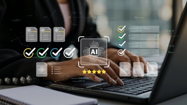 Female business professional using laptop with animated AI dashboard, intelligent business operations, digital document management, enterprise workflow automation and smart productivity technology