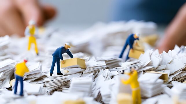 Tiny workers navigate a massive pile of white paper documents  some carrying small boxes amid cluttered stacks