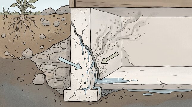 Diagram showing how both moisture and radon gas can enter an older basement through the same foundation crack