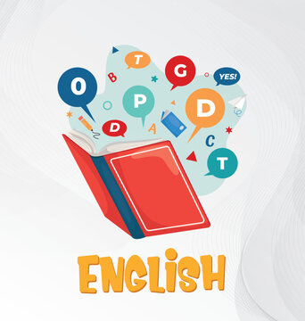 A colorful flat vector illustration for books cover, open red book with floating alphabet letters, speech bubbles, and language symbols above it.