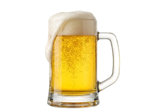 Frothy beer in a glass mug realistic rendering on transparent background