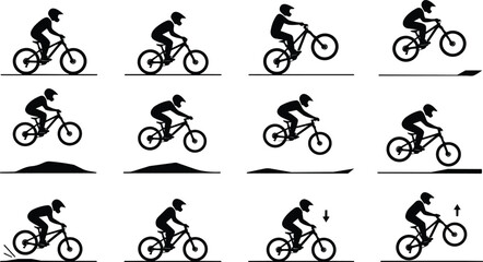 Fototapeta premium Collection of Black Mountain Bike Rider Vector Silhouettes Doing Stunts