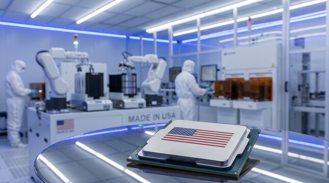 American flag CPU microchip on conveyor in modern semiconductor clean room factory with robotic arms and engineers in white suits, USA domestic chip manufacturing industry concept.
