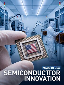 Scientist hand in white glove holding American flag CPU microchip in modern semiconductor research laboratory with microscopes and equipment in blurred background, USA chip innovation concept.