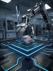 Robotic arm precisely placing American flag microchip processor onto glowing blue neon circuit board platform in modern semiconductor factory cleanroom, USA advanced manufacturing automation concept. © Anastasia