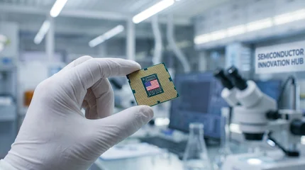 Scientist hand in white glove holding American flag CPU microchip in modern semiconductor research laboratory with microscopes and equipment in blurred background, USA chip innovation concept. © Anastasia