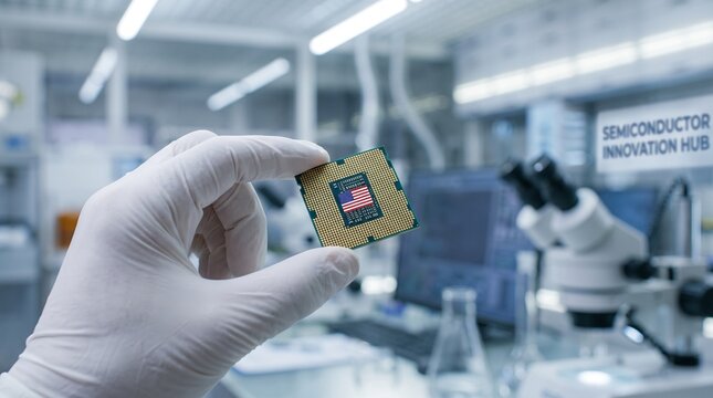 Scientist hand in white glove holding American flag CPU microchip in modern semiconductor research laboratory with microscopes and equipment in blurred background, USA chip innovation concept.