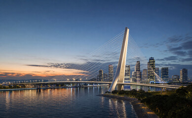 Obraz premium Illuminated cable stayed bridge at dusk skyline