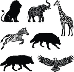 Obraz premium Set of wild animal silhouettes including lion elephant giraffe zebra wolf and eagle in vector style