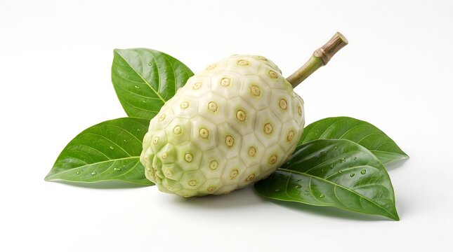 Fresh noni fruit with green leaves isolated on a white background.