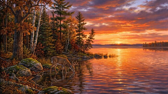 Majestic red deer stag drinking from a tranquil Scottish loch at vibrant sunset