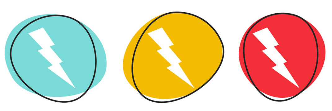Button Banner Set mit 3 bunten Buttons: Blitz, Gewitter oder Strom Symbol