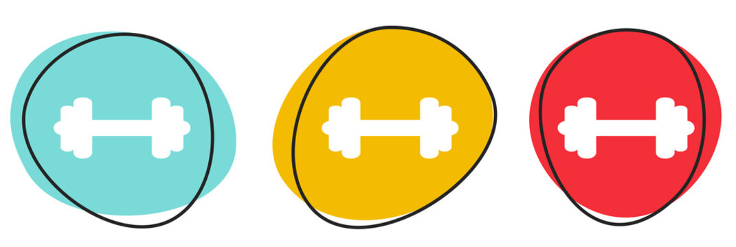 Button Banner Set mit 3 bunten Buttons: Fitnessraum, Krafttraining oder Hantel Symbol