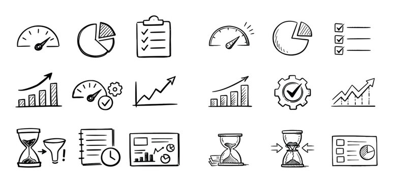 Business and analytics icon set with graphs, checklists and hourglass for dashboard design in minimal outline style