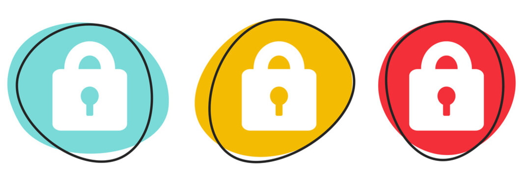 Button Banner Set mit 3 bunten Buttons: Verschl&uuml;sselung, Schloss oder Sicherheit