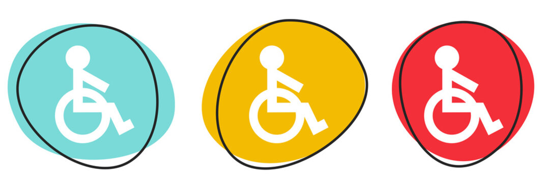 Button Banner Set mit 3 bunten Buttons: Rollstuhl oder Barrierefreiheit