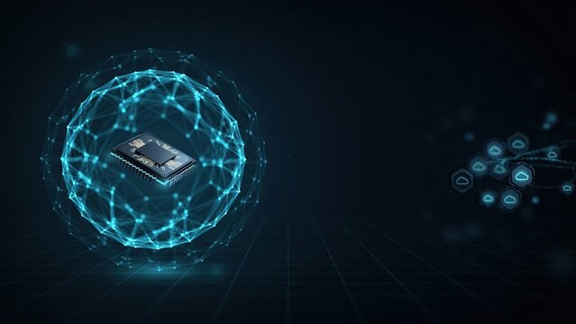 Microchip sits inside a digital glowing sphere representing secure network processing for modern data architecture.