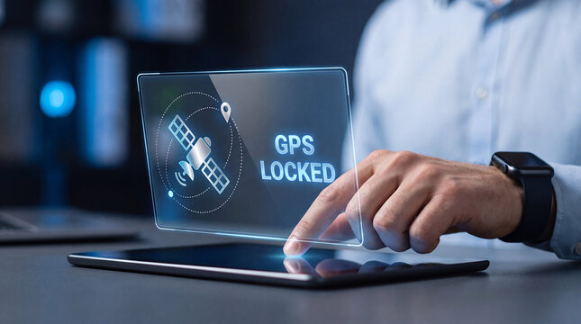 man taps glowing satellite interface on tablet to track gps location signal, monitor fleet tracking system, verify remote asset position, and support logistics coordination